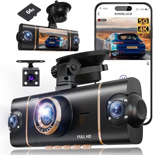 4 Channel Dash Cam, 4K + 3 x 1080P Dash Cam Front/Rear/Inside/Side 360°View Car Camera Built-in 5G WiFi GPS, 24H Parking Mode, G-Sensor, Loop Recording, 64GB Card Included