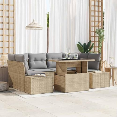 Yunovire Garten-Sofa-Set mit Kissen, 7-teilig, Beige Hellgrau, Polyrattan Stahl, Höhenverstellbarer Tisch, Outdoor Lounge Möbel für Terrasse Balkon