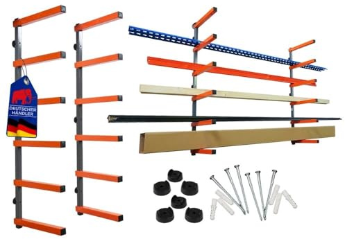 PROREGAL Kragarmregal Wandmontage Schwerlast 50 kg pro Ebene für Holzlagerung mit 6 Ebenen Garage Organizer Wandregal Grau-Orange 2 Stück Lagerregal Wandhalterung Metallregal