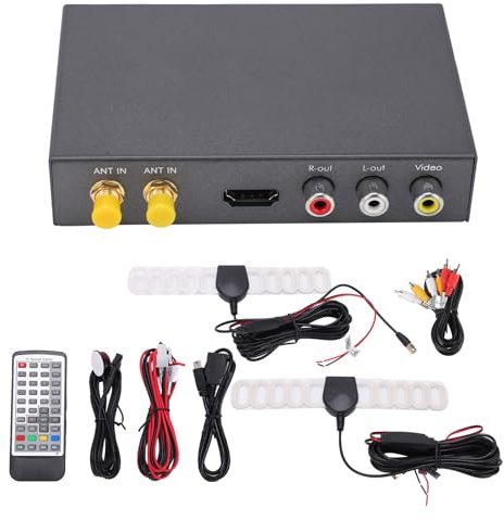 Car Digital TV Tuner High Definition Mobile TV Box Receiver with Dual Tuner Diversity, Supports MPEG 4 and H.264 1080P for Caravans and High Speed Driving, Metal and PVC