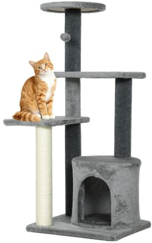 PawHut Kratzbaum 103 cm Katzenbaum mit Katzenhöhle, Plüschball, Grau | Katzenkratzbaum mit Sisal-Kratzsäulen Plattformen, für Katzen bis 5 kg