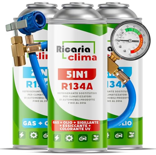 Ricaria Clima 5-en-1 – Recharge Climatisation Auto R134a 235 g + 2X R134a XL 235 g, Chaque Boîte avec Huile, Stop-Fuite, Traceur UV et Déshydratant – Lot avec Tuyau