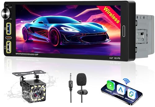 Autoradio Bluetooth 1 DIN Compatibile con Senza fili CarPlay & Android Auto,6,9 pollici HD Touchscreen Lettore,FM/AM/RDS Radio/Bluetooth Vivavoce/Mirror Link/TypeC/Microfono con Telecamera Posteriore