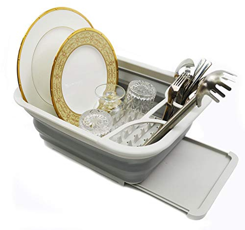 SAMMART Escurridor de platos plegable con escurridor, juego de escurridor plegable, organizador de vajilla portátil, bandeja de almacenamiento de cocina que ahorra espacio (1, gris)