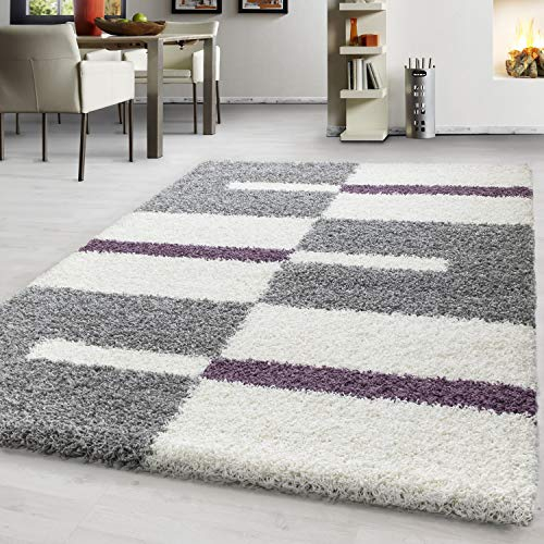 Teppium Moderner Hochflor Teppich Wohnzimmer 300x400 (280 x 370 cm) Lila - Shaggy Flauschiger Teppich, Extra Weich, Pflegeleicht und Kariertes - für Schlafzimmer, Küche und Esszimmer