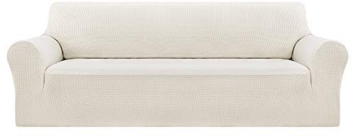 Deconovo Sofabezug, dehnbar, für 3-Sitzer mit Armlehnen, Sofabezug, Jacquard, Weiß, 1 Stück