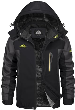 KEFITEVD Winterjacke Herren Warm Gefüttert Skijacke Winter Outdoorjacke Winddicht Allwetterjacke Thermojacke mit Kapuze Schwarz-Grau M