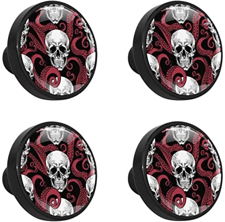Runde Möbelknopf Totenkopf Roter Oktopus Schubladengriff Kristall Schubladenknopf Schwarz Möbelgriff Türgriffe Für Schrank Kommode Schublade 4 Stück 3.3x2.5 cm
