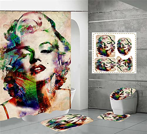 PTNQAZ Marilyn Monroe Sexy Damen-Duschvorhang-Set, Badezimmer, Kunstdekoration, Badewanne, Duschvorhänge mit 12 Haken, wasserdichter Stoff, 4 Stück