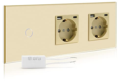 BSEED Dimmer Schalter mit Doppel USB Steckdose Anschluss (Max. 2.1A) Typ C Port 1 Fach 1 Weg Led Dimmer Schalter mit Touchscreen Wandsteckdosen mit USB Steckdose Touch Lichtschalter Golden
