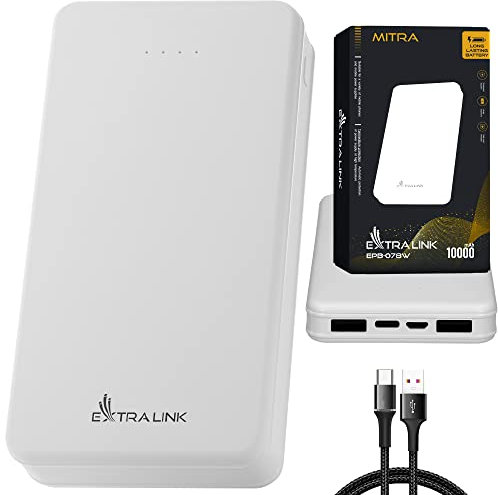EXTRALINK Powerbank 10000mAh USB C Micro USB, Power Bank 2 Ausgänge, Weiß