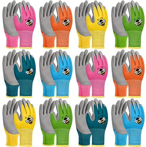 Yumoin 12 Pairs Kids Gardening Gloves Children Yard Work Glove Rubber Coated Garden Gloves for Girls Boys Toddlers Youth Outdoor (Large (Age 9-11))