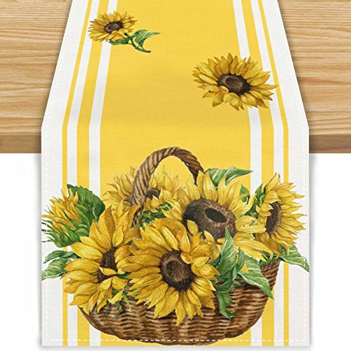 FARMNALL Leinen-Tischläufer, Frühling, Sonnenblume, 183 cm, lang, Bauernhaus, Frühling, Sommer, Herbst, Zuhause, Küche, Dinging, Zimmer, Tischdekoration, 33 x 183 cm