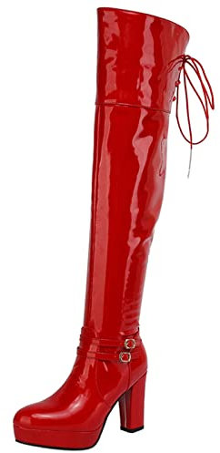 Lizoleor Damänner Chunky Heel Overknees Lack Reitstiefel Runde Zehen Winter Mode Männer Plateau Overknees Stiefel Rot Gr 43 EU/45Cn