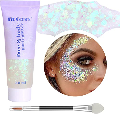 Body Glitter Gel Chunky Sequins Glitter Liquid Gel Festival Glitzer Gesicht Mermaid Pailletten Glitter Kosmetik für Haare, Gesicht, Körper, Nagel (Weiß 50ml)
