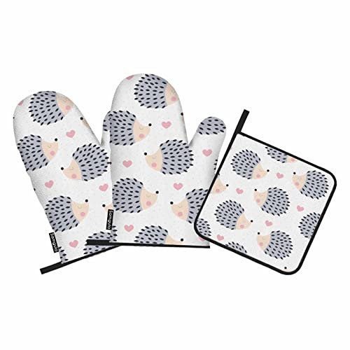 Samgula Niedliche Igel-Ofenhandschuhe und Topflappen, Set mit rosa Herz-Punkten, Cartoon-Motiv, hitzebeständig, 3 Stück zum Kochen, Backen, Grillen