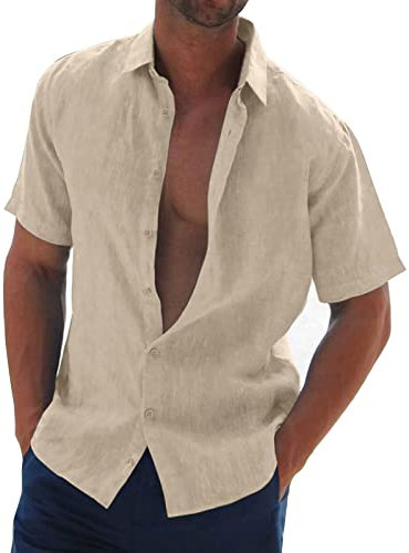 Halfword Mens Linen Shirts Short-Sleeve Summer Casual Beach Shirts Button Down Loose fit Hawaiian Holiday Wedding Cheesecloth Tops Beige XXL