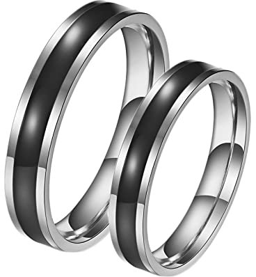 BCughia Freundschaftsringe Beste Freundinnen, Freundschaftsringe Paar Edelstahl 4mm Silberring mit Schwarzer Emaille Damengröße 49(15.6) Herrengröße 57(18.1)
