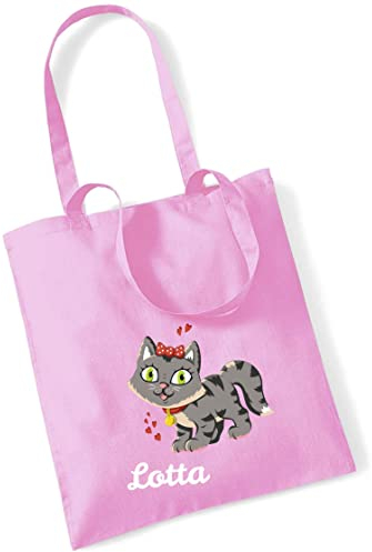 minimutz Jutebeutel Kinder mit Katze und Name bedruckt | große Stofftasche Baumwolle Mädchen | Personalisierter Kitabeutel für Wechselwäsche (rosa)