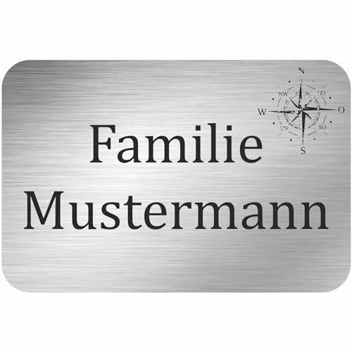 INDIGOS UG - Namensschild - Kompass - 100x50 mm Aluverbundplatte Edelstahllook 3 mm - individuell personalisiert mit Wunschtext, Namen, Familienname, Firma - Briefkasten - Haustür