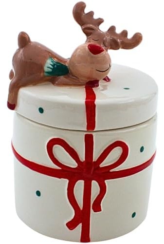 Dekohelden24 Keramik Weihnachtsdose - Keksdose - Dose mit Deckel als Geschenk mit Elch, in weiß, Maße L/B/H ca. 10 x 10 x 14 cm