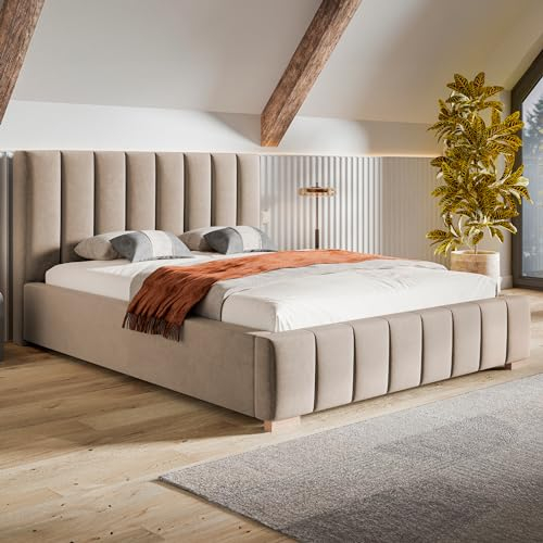 MOTIVENA Vigo Bett 160x200, Polsterbett 160x200, mit Bettkasten, mit Stauraum, mit Lattenrost, mit Kopfteil, ohne Matratze, Samt, Beige