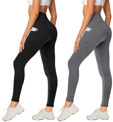 AMIYOYO 2er Pack Leggings für Damen High Waist Leggins Blickdicht Elastische Bauchweg Hosen Weiche Sporthose für Yoga Fitness Outdoor Freizeit(Schwarz+Dunkelgrau,L-XL=DE42-48)
