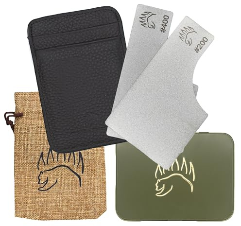 2X Dual Grit Diamond Sharpening Stone + Leather Wallet Strop | By The Bear Essentials | Pocket Credit-Card Sized Field Sharpener for Camping, Bushcraft, Outdoors, Survival, EDC - Dark Brown