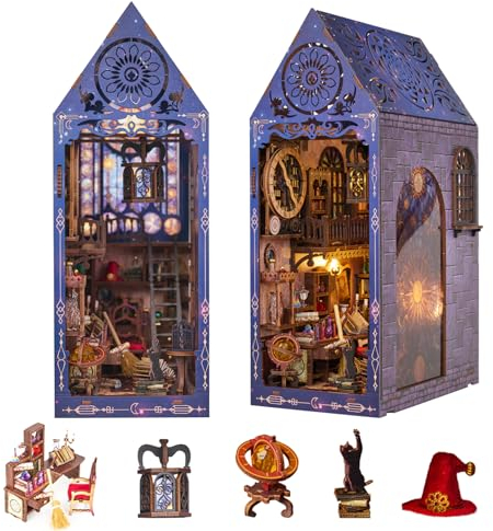 Spilay Book Nook Kit, DIY Puppenhäuser Miniatur Haus Möbel Kit Mit LED-Licht, 3D Holzpuzzle Buchstütze Bücherregal Dekoration, Buchstützen Modell Build-Creativity Ki-ZWSL-25