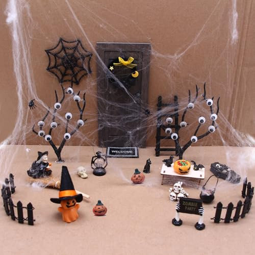 Halloween Miniatur Puppenhaus Dekoration Grau Holz Wichteltür Komplettset Puppenhaus Zubehör Spinne Fledermäuse Kürbis Elfe Besen Witch Halloween Kranz Party Dekoration