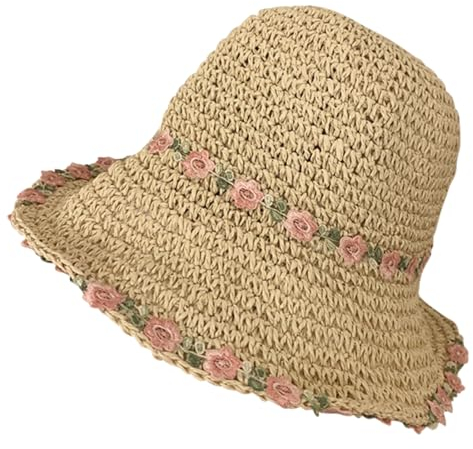 Straw Hat Women Women's Sun Hats Women Straw Hat Wide Brim with Embroidered Flower Ladies Sun Hat Beach Sun Cap Foldable Suitable for Hiking, Camping, or Tourism (UK, Alpha, M, L, Beige)
