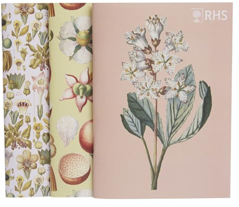 RHS The Royal Horticultural Society Skizzenbuch, 40 Seiten, geheftet, 100 g/m², Geissler, A5, mehrfarbig, Designs aus den RHS Lindley Kollektionen von Christian Gottlieb Geissler
