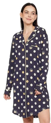 EX M&S Women Soft Nighties V-Neck Button Down Nightdress Classic Boyfriend Style Sleepshirt Relaxed Nightshirt Sleepwear (Navy, M)