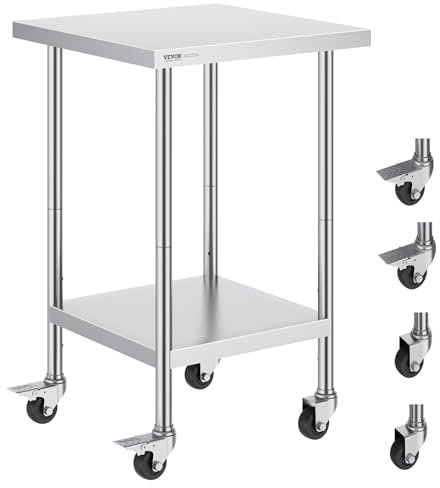 VEVOR Tavolo da Lavoro in Acciaio Inossidabile 610 x 610 x 954 mm, con 4 Ruote, 3 Livelli di Altezza Regolabili, Tavolo Resistente per Preparazione Alimenti Ristoranti Cucina Commerciale, Argento