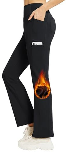 baleaf Damen Thermohosen mit Taschen Flare Leggings Hohe Taille Bootcut Thermo Leggings Sweatpants Winter Yoga Hose Schwarz L