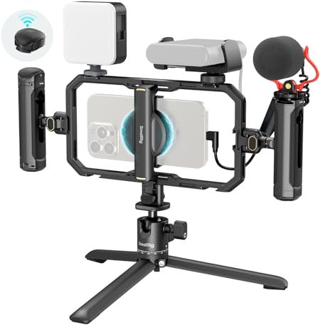 SMALLRIG All-in-One Universal Quick Release Phone Rig Kit Pro, Smartphone Video Rig mit LED-Licht Mikrofon QR-Stativ Doppelgriffen Powerbank-Halterung für iPhone 16 15 14 für Samsung für Pixel – 4704