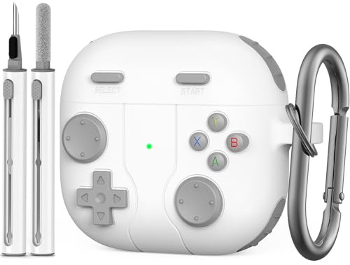 Hülle für Airpods 4 (2024) mit Karabiner & Reiniger Kit, Klassisches Retro-Handheld-Spielkonsolen-Design Hülle, Unterstützung für Kabelloses Laden - Weiß