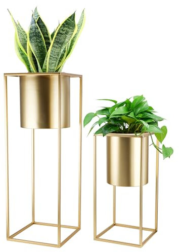 TRIROCKS Juego de 2 macetas grandes con soporte, macetas doradas para plantas de interior, 28 y 18 pulgadas de alto, macetas modernas para sala de estar, esquina, cocina, oficina, jardín, balcón y