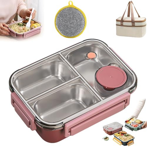 Escentio Lunch Box, Bento Box Adult Nestable Umami Space Saving, Bento Box Umami, Stainless Steel Bento Lunch Box, With Fork Spoon Sauce Box (Pink-B)