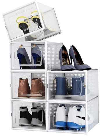 Alex Nash Stackable Shoe Storage Box - Clear Plastic Shoe Boxes with Lid - Foldable Shoe Organiser Containers for Men & Women Shoes, Boots, Trainers - Pack of 6: Medium