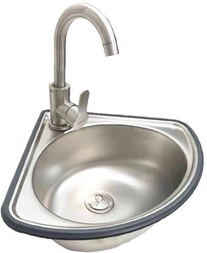 Fregadero esquinero de acero inoxidable montado en la pared con grifo de agua fría y caliente, ideal para cocina, baño, restaurante e inodoro