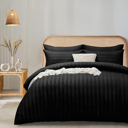 funky gadgets Single Duvet Cover Set Black, Microfiber Satin Stripe Duvet Cover Luxury Hotel Bedding Sets with Pillowcase Breathable Ultra Soft Reversible Quilt Covers.