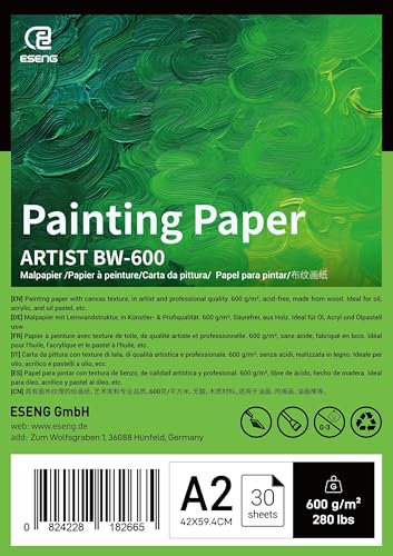 ESENG® Leinwandpapier A2, 600g/m2, 30 Blätter, Malpapier mit Leinwandstruktur, Künstlerqualität, geeignet für Ölmalerei, Acrylfarben und Ölpastelle