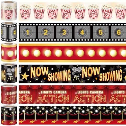 Mooliwe 6 Pcs 32.8ft Movie Night Bulletin Board Borders Movie Night Reel Decorations Popcorn Red Marquee Straight Filmstrip Party Tape Borders for Room Office Chalkboard Decoration, 6 Style