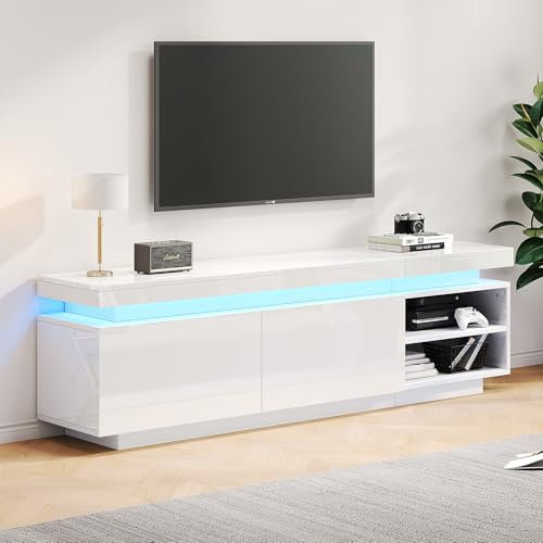 Merax TV Board Lowboard Weißer Hochglanz mit LED-Beleuchtung, Eleganter TV-Schrank mit 2 Türen und offenen Ablagen, TV-ständer für Fernseher bis zu 70 Zoll, Fernsehtisch für Wohnzimmer & Esszimmer