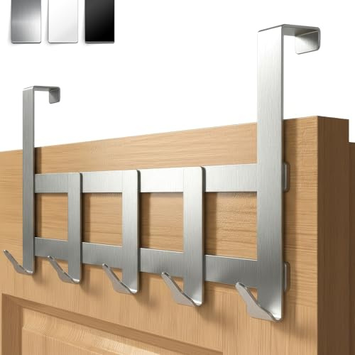 Menz Premium Türgarderobe zum Einhängen, 5 Haken, Silber | Türhaken zum Einhängen aus Edelstahl, extrem belastbare Kleiderhaken Tür, universeller Handtuchhalter Tür