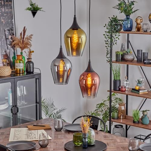 HOFSTEIN Hängeleuchte Lutarp, 3-flammige Hängelampe aus Metall/Glas in Schwarz/Gold/Kupfer/Rauch/Klar, moderne Pendelleuchte im Retro/Vintage-Design (Schirme Ø 18 cm), E27, Esszimmer, Küche, Flur