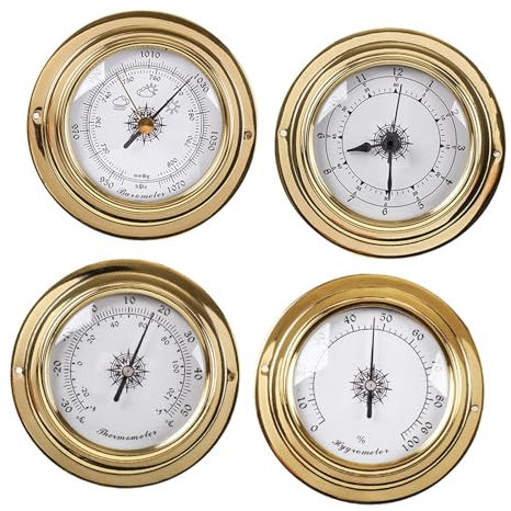 4-teiliges Messing Wetterstation Set mit Thermometer, Hygrometer, Barometer und Uhr