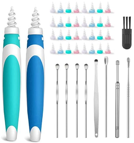 2Pack Spiral Ear Wax Removal, Flexible Earwax Cleaner, Soft Silicone Ear Cleaning Tool, Ears Wax Remover Kit with 32 Replacement Heads and 9Pcs Ear Picker Set