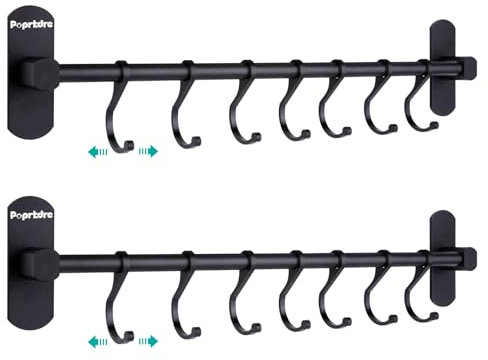 Poprkdre Hakenleiste Küche ohne Bohren, Selbstklebend Küchenschiene mit 7 Haken, Kleiderhaken ohne Bohren, 20kg Tragfähigkeit, Aluminium, Matte Finish, Schwarz (2 pack)